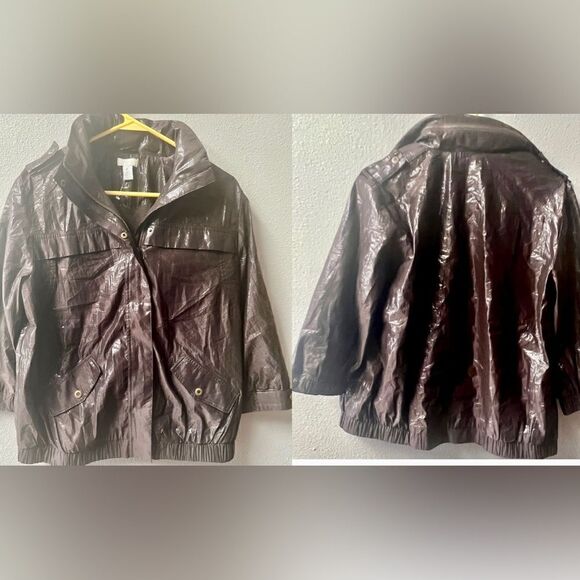 CHICOS RAIN JACKET SLICK BROWN WITH HIDDEN HOOD SIZE M (Chicos 1) - Picture 1 of 7